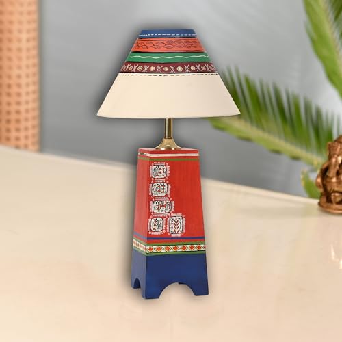 Image of AAKRITI ART CREATIONS Pyramid-I Wooden Table Lamp in Red with Wali Art Paintings & White Shade | Multi Color Wooden Lamp | Matte Finish Home Decor Lamp