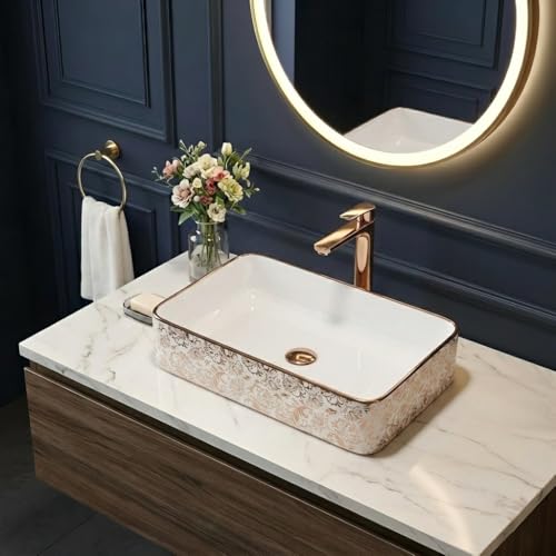 Image of BASSINO 24x14x5 Inches Ceramic Table Top Wash Basin /1 Year Warranty /White & Rose Gold Basin for Bathroom /Rectangular Ceramic Countertop Washbasin for Bathroom /Dining Hall /Living Room(Glossy)