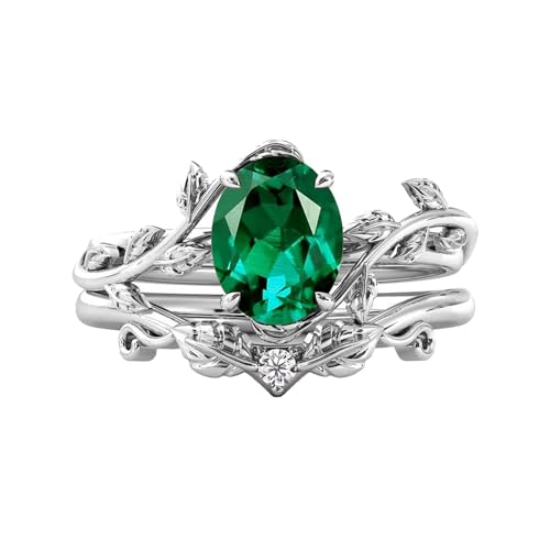 10K 14K 18K Solid Gold Gemstone Engagement Ring Set for Women Leaf Art Deco Ring Set Oval Cut Gemstone Bridal Wedding Ring Set with Natural Diamond2
