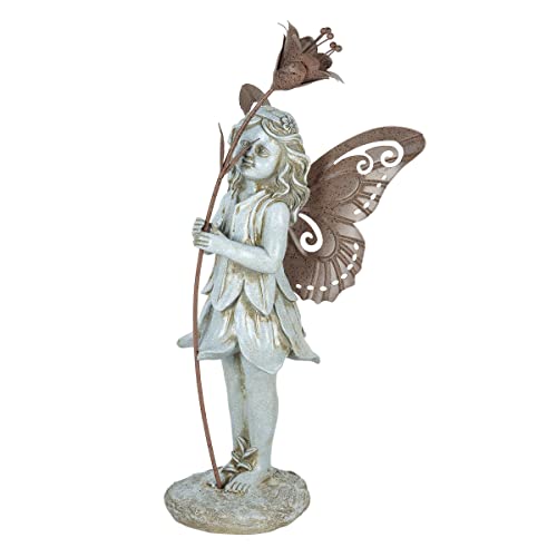 Exhart Fairy Statue, Outdoor Garden Décor, Durable Resin W/Metal Wings & Flower, Indoor/Out, 8”X20” #TOP6