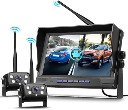Hodozzy Kit Cámara Marcha Atras Inalámbrica Digital Monitor IPS 9 Pulgadas, AHD 2 Cámaras Vigilancia de Ángulos Muertos, Camara Trasera Visión Nocturn...