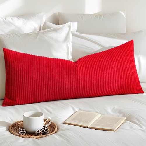 Artscope Cozy Striped Corduroy Lumbar Pillow Cover Super Soft Decorative Square Throw Pillow Covers Case Cushion Covers for Sofa Couch Bedroom Car Decor 14x36 Inch, Red