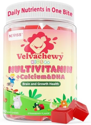 NEVISS Multivitamin for Kids Teen Soft Chews, Vitamin Gummies w/Omega 3 DHA, Calcium, Choline, Methyl B12 D3 K2 Folate & B Complex for Children’s Brain, Bone, Immune and Healthy Growth, 60 Day Supply