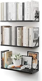 CASSA Wall Mounted Floating Shelves Set of 3, 42cm x 15cm x 13cm Storage Bookshelf for Living Room Office Bedroom Bathroom Kitchen Rustic Wood with Metal Bracket (Black)