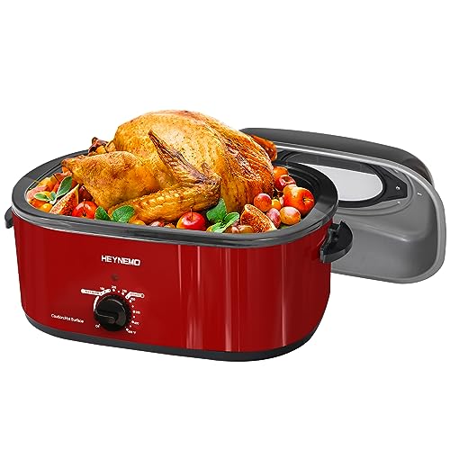 Image of Turkey Roaster Oven Buffet with Self-Basting Lid, 1450W Electric Roaster Oven with Cool-Touch Handles, Stainless Steel with Removable Pan and Rack, Red