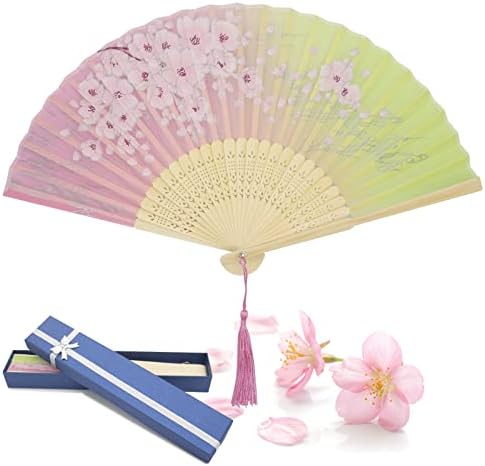 Grantop Folding Hand Fans, Handheld Folding Fan for Women, Chinese Vintage Style Handheld Silk Folding Fan for Birthday Wedding Party Decoration (Black-Cherryblossom)