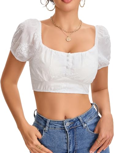 Blouse Dirndl blanche pour femme à manches courtes et épaules dénudées pour l'Oktoberfest