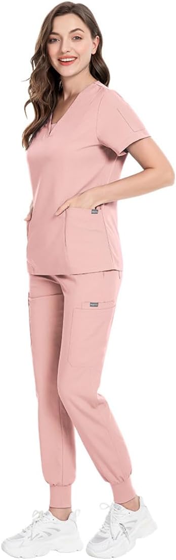 Meichoon Scrubs for Women Set Medical Clothing V-Neck Top with 3 Pockets Stretch Yoga Jogger Pants Sweat Wicking DK08