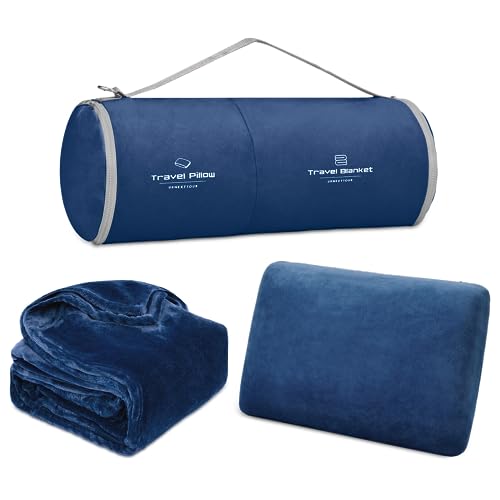 Travel Pillow and Blanket Set, Premium Soft Airplane Blanket, Mini Pillow with Packable Luggage Belt, Travel Kit for Sleeping Airplane, Car, Camping (Blue/Rectangle)