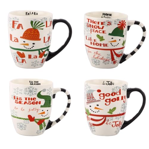 Topadorn 18 oz Christmas Mugs Set of 4, Ceramic Coffee Cups with Snowman & Christmas Hat Design - Gift for Family and Friends, Ideal for Holiday Party, Hot Chocolate, Tea