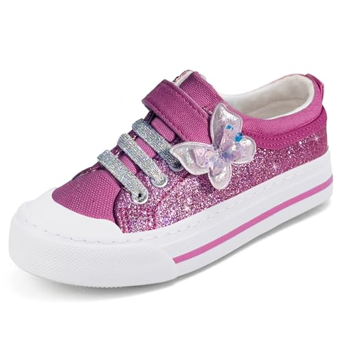 Toandon Little Girls Kids Sneakers Glitter Walking Shoes Child Straps Buckle Hoop and Loop Low Top Non Slip Lightweight Sparkly Breathable Fashion Outdoor Purple Butterfly Size 11