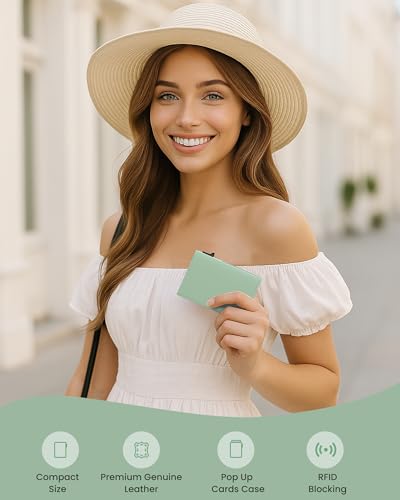 Image of typecase Womens Wallet Card Holder: Pop Up Card Case, Genuine Leather, RFID Blocking, Slim, Minimalist, Thin, Small Size - 9-14 Card Capacity, ID Window, Cash Pocket (Sage Green)