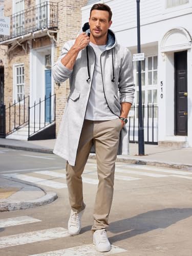 Image of ZIWOCH Mens Trench Coat Wool Blend Hoodie Long Jacket Full Zip Winter Classic Business Overcoat