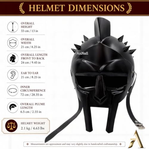 Image of AnNafi Maximus Gladiator Helmet Men Roman Headgear Blackened LEATHER LINER FITTED, Adult Medieval Costume, Larp Sca Party Clothing, Halloween Costumes