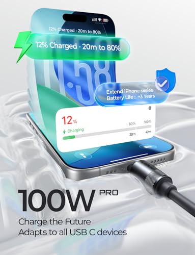 Image of LISEN USB C Cable Charger Type C (10FT,100W) Soft Silicone USBC to USBC for Switch 2 iPhone 16 Pro Max Charger Cord, iPhone 15, MacBook Pro /Air, iPad Pro /Air, Samsung S25, Black (Pack of 2)