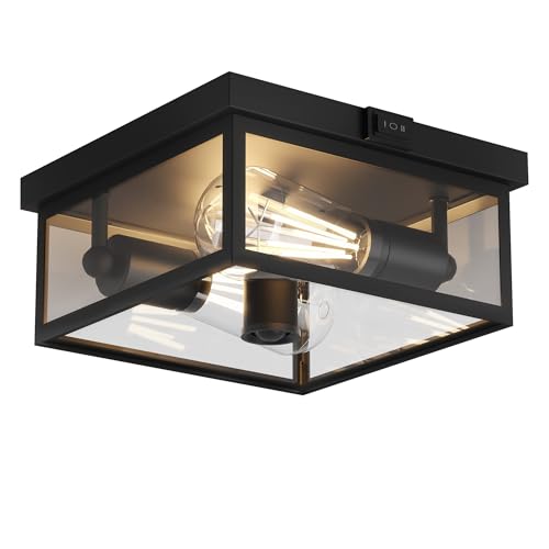 Outdoor Ceiling Light with Motion Sensor 12'', Flush Mount Porch Light, Exterior Light Fixture with Clear Glass, Dusk to Dawn 2-Light Fixture for Patio,Porch