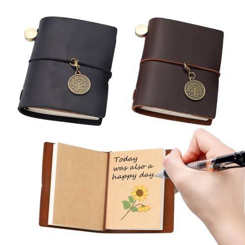 Petite Poche Carnet Cuir Notebook, 2.6'' x 3.3''/6.8 x 8.5 CM Mini Carnet de Voyage avec 2 Recharges, Agenda Cuir Rechargeable Sketchbook Vide pour Les Femmes Hommes Écrire Noir (Marron foncé & noir)
