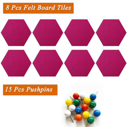 HULAVO 8 Pcs Hexagon Felt Cork Bulletin Board Tiles, Self Adhesive DIY Bulletin Board Pin Board for Office School Home Wall Decor Memos Photos Display(Rose Red) — view 4