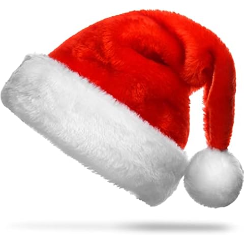 delka Santa Hat for Christmas, Red Velvet Father Xmas Hat for Adults, Deluxe Faux fur Pompom on top for Santa Costume Cover
