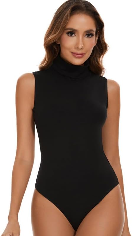 SHAPERIN Women's Mock Turtle Neck Sleeveless Bodysuit Tank Tops Solid Sexy Slim Leotard Jumpsuit