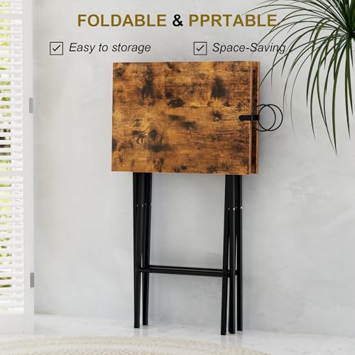 Image of VECELO Folding TV Tray for Eating Set of 2, Portable Dinner /Snack Table with Cup Holder for Couch, Living Room and Small Space, Antique Brown