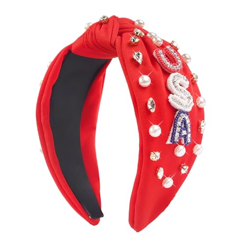 SeBneny 4th of July Headband for Women USA Letter Headbands Crystal Pearl Knotted Headbands Patriotic Red White Blue Hair Accessory Independence Day Memorial Day Party Favors