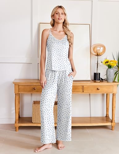 Image of Ekouaer Womens Y2K Cami Pajama Set with Flare Pants, 2 Piece Lace Trim Sleepwear Spaghetti Strap Pjs Set XS-2XL
