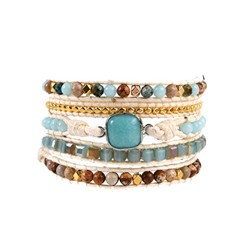 Ygline Natural Stone Beaded Amazonite Healing Wax String 5 Wraps Bracelets #TOP27