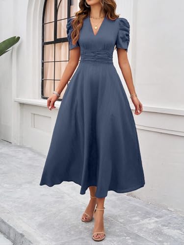 Image of Shasmi Girl's & Women's Solid Color V-Neck A-Line Maxi Dress for Women | New Year Party Outfit | Waist Cinched Puff Sleeve Western | Elegant Casual Wear (Dress 246)