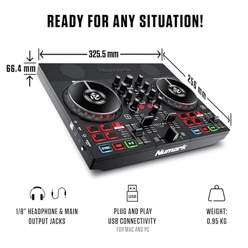 Numark Party Mix Live - DJ kontroler zestaw DJ-ski dla dzieci i dorosłych z imprezowym oświetleniem, głośnikami i mikserem DJ-skim do Serato DJ Lite