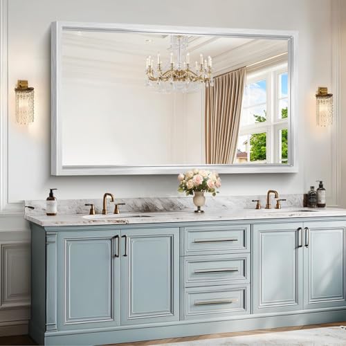 Image of 60x36 Inch Brushed Silver Bathroom Mirror, Large Rectangular Mirror for Wall, 0.6 inch Thickened Deep Frame Mirrors for Bathroom Sink, Shatterproof Tempered Glass, Antirust, Horizontally /Vertically