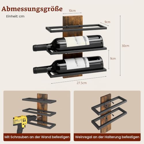 FAVOOSTY Weinregal Wand, Flaschenhalter mit 3 Ebenen 3 Set Braun – Ansicht 4