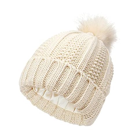 JAXICH Winter Hat Winter Hats Warm Knit for Women Hat Pom Womens Knitted with Faux Cap Baseball Caps Who Hat (Beige, One Size) Cover