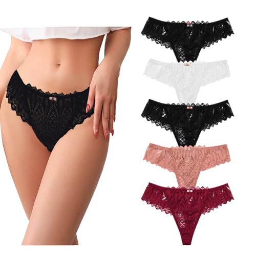 41ulRbKOuFL - Lishang 5er Tangas Mujer Pack Sexy Bragas Encaje Mujer Ropa Elástica Braguitas Culotte Transparente Cintura Baja Ropa Interior Femenina, Multicolor, Talla M