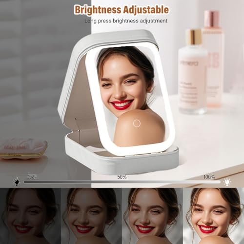 Image of LiveGo 3-Color LED Travel Jewelry Case and Makeup Bag with Mirror, Dust-Proof Jewelry Box, 10 Sealed Jewelry Bags - Compact Cosmetic Mirror Case for Women Girls Travel Essentials (White)
