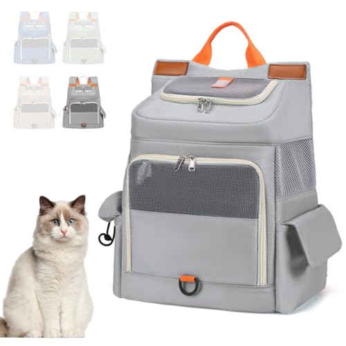 猫バックパックキャリア 中型小型犬用 最大15ポンドまでの猫用 ペットキャリアバックパック、通気性メッシュソフトサイド犬用バックパックキャリア 旅行、ハイキング、屋外での使用、グレー