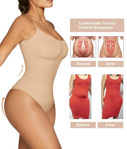 Image of SHAPERX Women's Tummy Control Shapewear Thong Bodysuit Seamless Waist Snatching Body Shaper