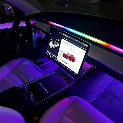 Interior Car LED Strip Lights for Tesla Model 3 Y 2021-2023 16 Million Colors Ambient Lighting Kit with APP Control Music Sync Color Change Neon Lights for Dashboard & Center Console