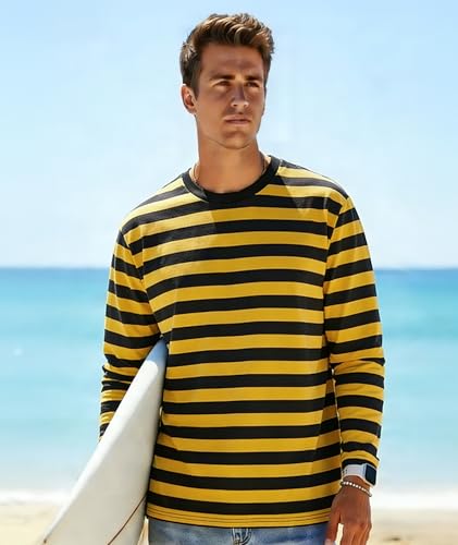 Image of KESIHAN Mens Striped Long Sleeve Shirt Crewneck Casual T-Shirt Basic Stripe Cotton Spandex tee Shirt