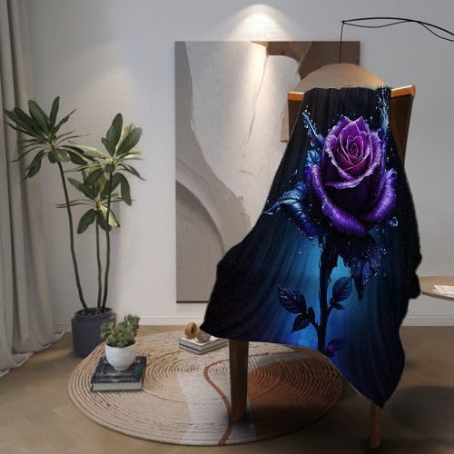 Przytulny koc, 220 x 240 cm, fioletowe kwiaty, miękki, ciepły flanelowy, koc na łóżko, kanapę, narzuta wełniana, koc na sofę, koc pluszowy, do pokoju, dekoracja A90
