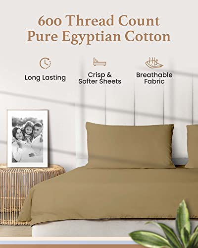 Olympic Queen Sheet Set, 600 Thread Count 100% Egyptian Cotton Sheets Super Queen Size, Olympic Queen Bed Set, Sateen Weave Sheets, Soft, Cotton 4 Pc Set -1 Fitted, 1 Flat & 2 Pillowcase, Taupe #TOP1