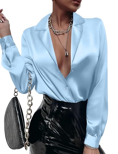 Rapbin Button Down Shirts for Women Silk Satin Sexy Dressy Casual Long Sleeve Collared V-Neck Tops Soft Work Business Blouses
