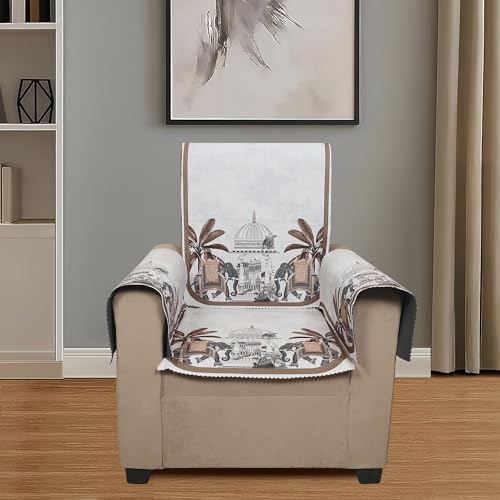 Image of Velvet Single Seater Sofa Cover with 2 Seat and Back Covers, 2 Hand Rest Covers - Elephant dome Design - Washable Fabric - Stylish Sofa Cover for Modern Living Room (Beige, 1 Seater With Arm Covers)