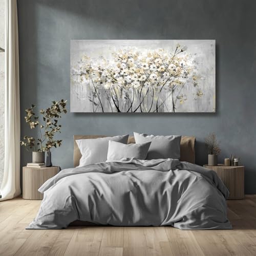 Image of Flowers Canvas Wall Art White Paintings Grey Gold Contemporary Artwork Master Bedroom Wall Decor 29 inchx 58 inch Large Framed Art for Living Room Office Home Decor