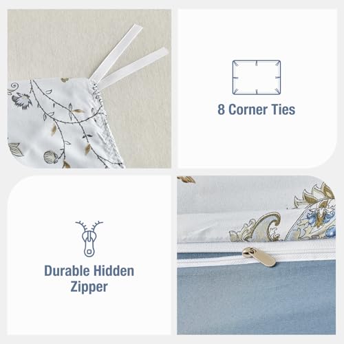 Image of Lekesky Queen Size Duvet Cover Set, Patchwork Floral 3 Pieces Reversible Blue Paisley Duvet Cover Set, Ultra-Soft Microfiber 3 Pieces Comforter Cover with Zipper, Includes 2 Pillowcases
