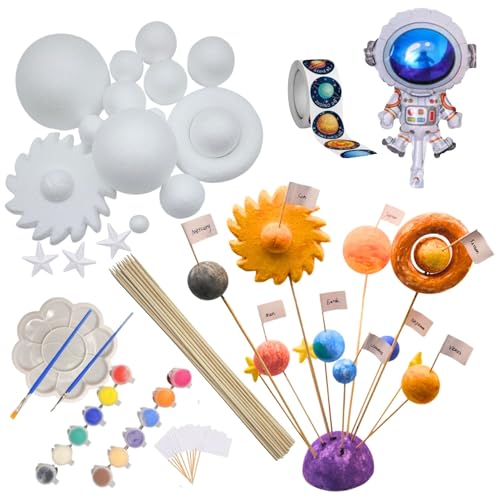 Solar System Model for Crafts, 54 Pack Solar System Project Kit Includes Polystyrene Foam Balls, Flags, Painting Brushes, Sticks, Color Pigments, Paint Tray, Stickers, Balloon for DIY Learn Planets
