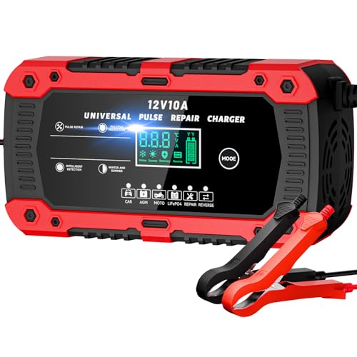 Autobatterie Ladegerät 10A Batterieladegerät 12V Intelligentes LiFePO4 Ladegerät Autobatterie LCD Display Mit Temperaturkompensation Mit Rekonditionierungsmodus KFZ Ladegerät Auto Und Motorrad