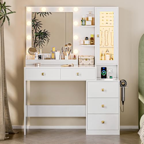 Image of HUANLEGO Vanity Desk with Mirror and Lights, White Makeup Vanity Mirror with Lights Desk with 5 Drawers, Jewelry Organizer& LED Glass Cabinet, 3 Light Mode Dressing Table Set for Girls, Women