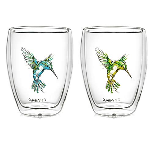 Creano doppelwandige Tee-Gläser, Cappuccino-Glas, Thermoglas Hummi im Kolibri Design, 2er Set, 250 ml in exklusiver Geschenkbox, blau/grün