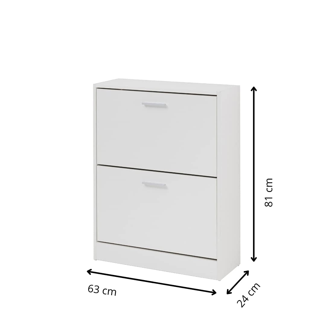 Baroni Home Casier à Chaussures Slim Peu Encombrant en Bois Mélaminé, 2 Portes à Rabat et Double Profondeur Capacité 12 Paires, Meuble à Chaussures pour l'Entrée de la Maison, Blanc, 24x63x81 cm